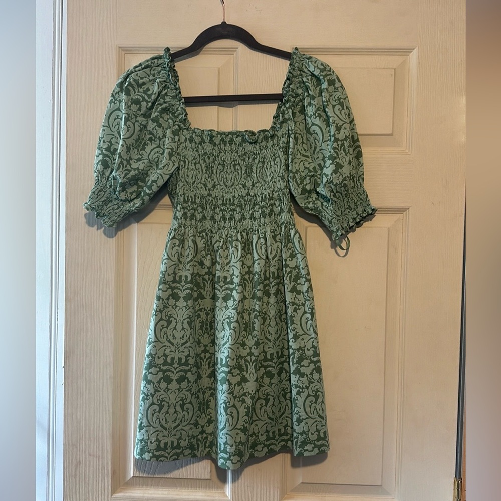 Hill House Women’s Mini Dress in Sage Green Damask